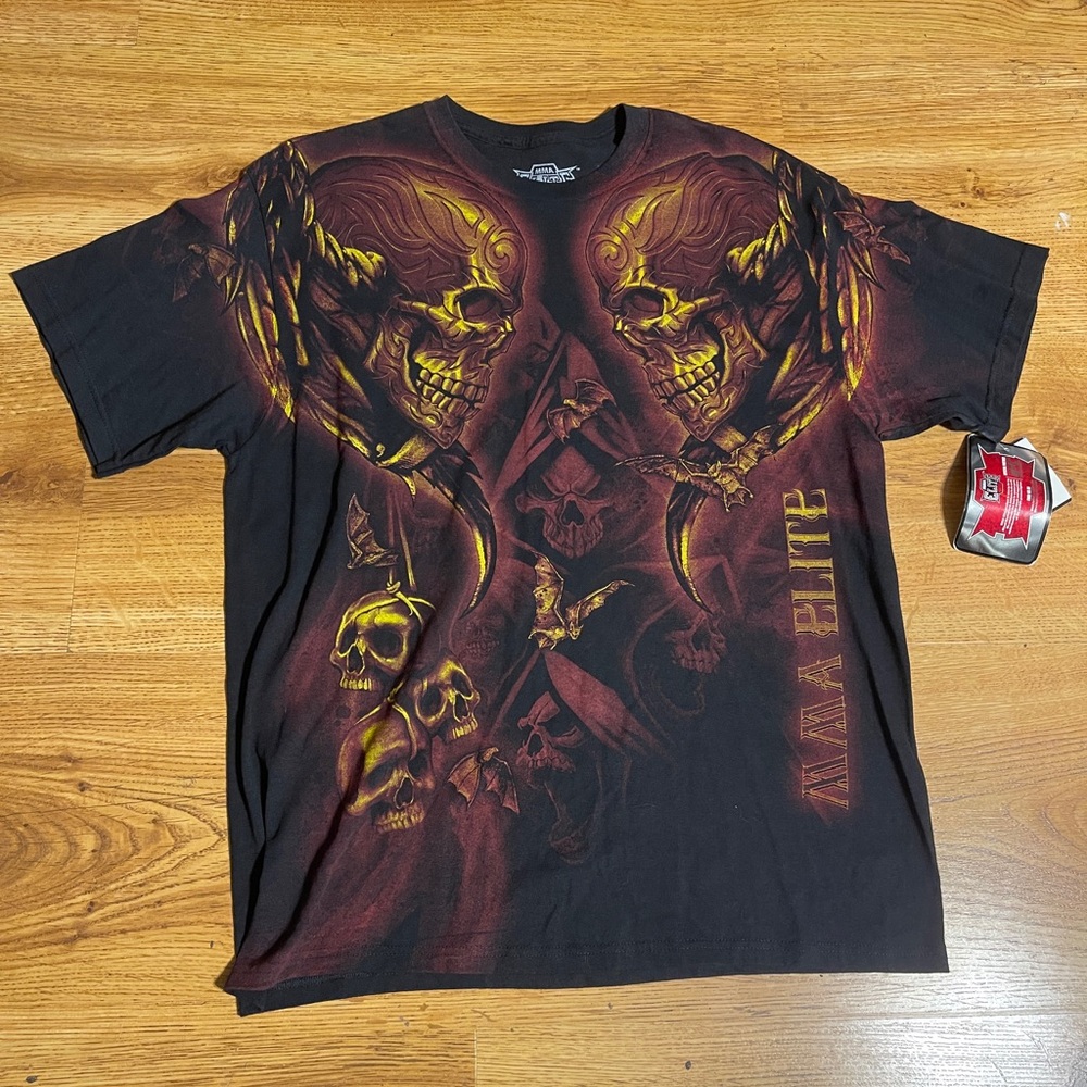 MMA Elite Skull Grim Reaper Bats AOP Shirt Size XL Faded Affliction Style Y2K
